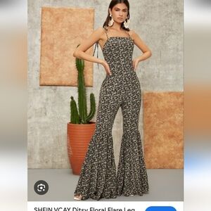 SHEIN Black Floral Flare Jumpsuit
